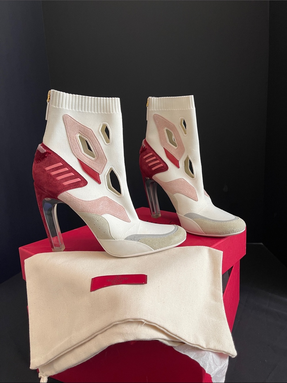 Original Valentino Garavani Light Ivory Pink Red Sock Ankle Heels
Made in Italy